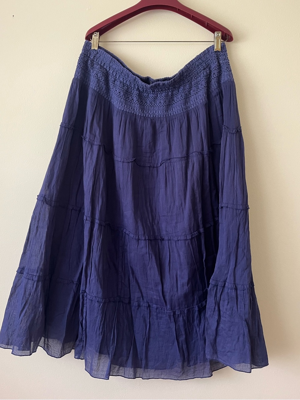 Tiered cotton midi skirt elastic waist crochet smocked waistband XL boho gypsy